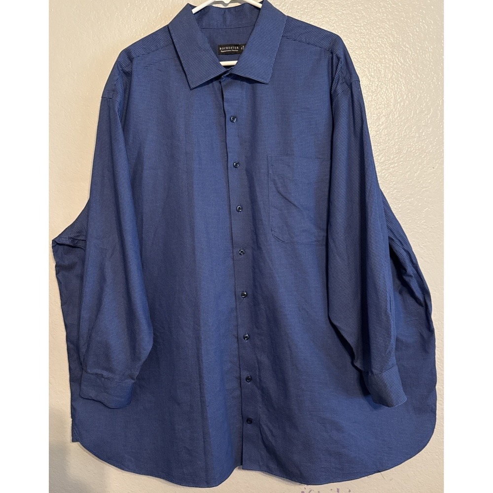 Rochester Big & Tall Dress Shirt 20 34/35 Blue Non-Iron 100% Egyptian Cotton